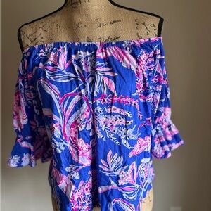 Lilly Pulitzer Off-Shoulder Floral Top in Blue and Pink
